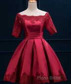 Cute Short Sleeves Satin Knee Length Party Dresses, Short Homecoming Dresses