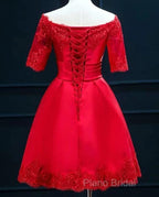 Cute Short Sleeves Satin Knee Length Party Dresses, Short Homecoming Dresses