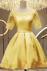 Cute Short Sleeves Satin Knee Length Party Dresses, Short Homecoming Dresses