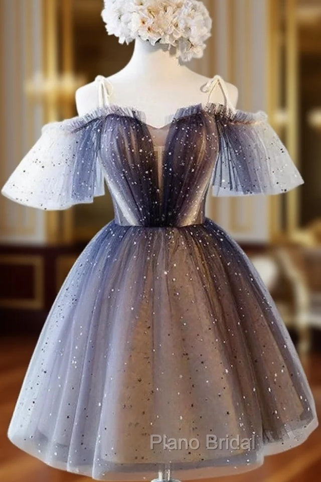 Cute Short Tulle Lace Spaghetti-Straps V-Neck Formal Prom Dresses, Homecoming Dresses Main image