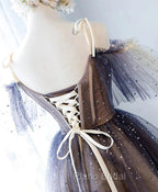 Cute Short Tulle Lace Spaghetti-Straps V-Neck Formal Prom Dresses, Homecoming Dresses