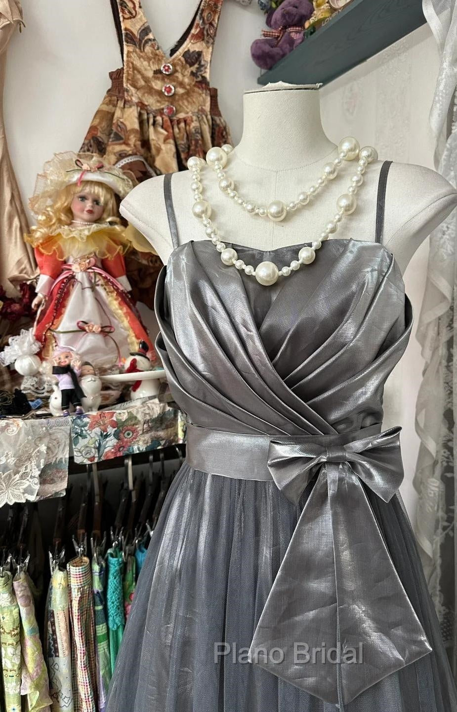 Cute Silver Grey A-Line Spaghetti Straps Tulle Satin Long Formal Prom Dresses Gorgeous Birthday Dresses Evening Dresses