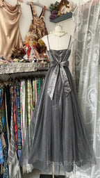 Cute Silver Grey A-Line Spaghetti Straps Tulle Satin Long Formal Prom Dresses Gorgeous Birthday Dresses Evening Dresses