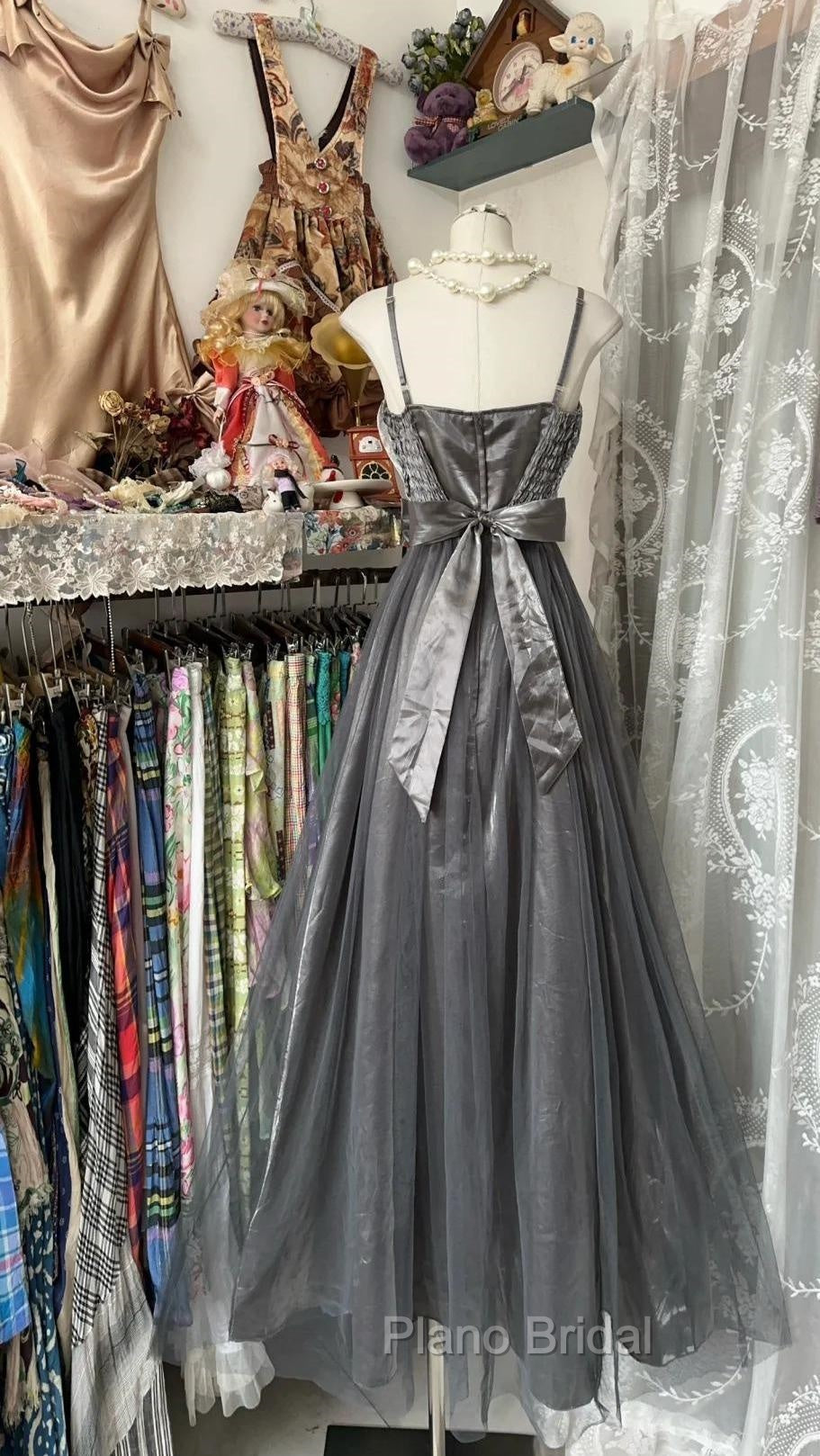 Cute Silver Grey A-Line Spaghetti Straps Tulle Satin Long Formal Prom Dresses Gorgeous Birthday Dresses Evening Dresses