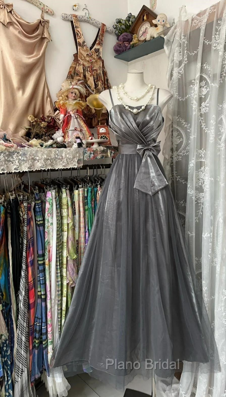 Cute Silver Grey A-Line Spaghetti Straps Tulle Satin Long Formal Prom Dresses Gorgeous Birthday Dresses Evening Dresses