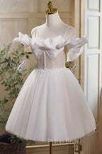 Cute Spaghetti Strap Tulle Lace Homecoming Dresses, Off Shoulder Short Formal Prom Dresses