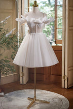 Cute Spaghetti Strap Tulle Lace Homecoming Dresses, Off Shoulder Short Formal Prom Dresses