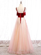 Cute Straps Velvet and Tulle Long Party Dresses, A-line Evening Gown