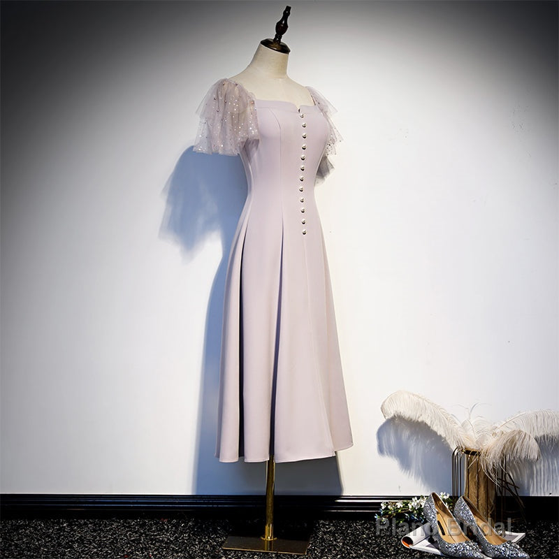 Cute Tea Length Off Shoulder Wedding Party Dress, Short Sleeves Formal Dresses Secondary image