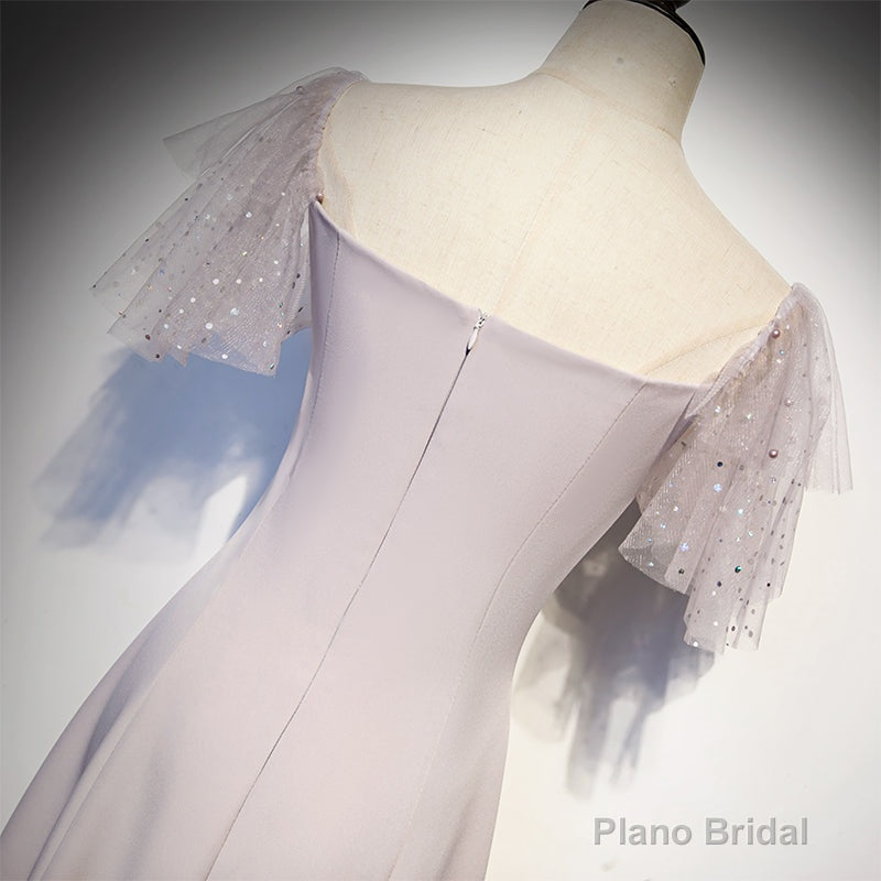 Cute Tea Length Off Shoulder Wedding Party Dress, Short Sleeves Formal Dresses