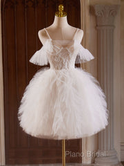 Cute Tulle Lace Light Champagne Short Formal Prom Dresses, Cut Homecoming Dresses