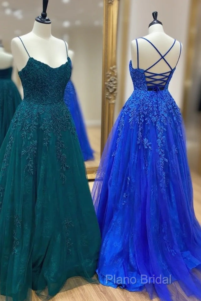 Cute Tulle Lace Long Formal Prom Dresses, A-Line Backless Formal Party Dresses Main image