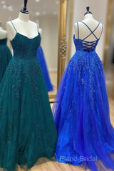 Cute Tulle Lace Long Formal Prom Dresses, A-Line Backless Formal Party Dresses