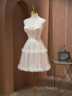 Cute Tulle Light Champagne Short Formal Prom Dresses, Lace Homecoming Dresses