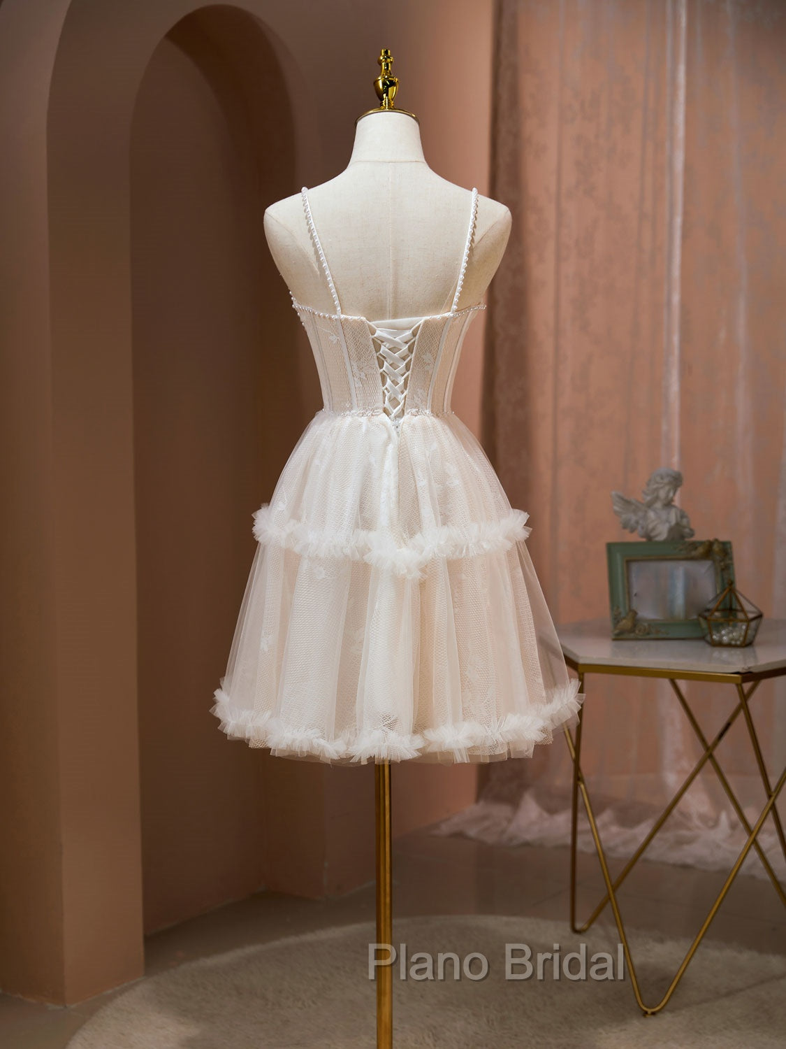 Cute Tulle Light Champagne Short Formal Prom Dresses, Lace Homecoming Dresses