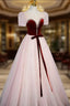 Cute Tulle Long Formal Prom Dresses with Velvet, A-Line Short Sleeve Evening Dresses