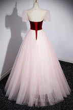 Cute Tulle Long Formal Prom Dresses with Velvet, A-Line Short Sleeve Evening Dresses