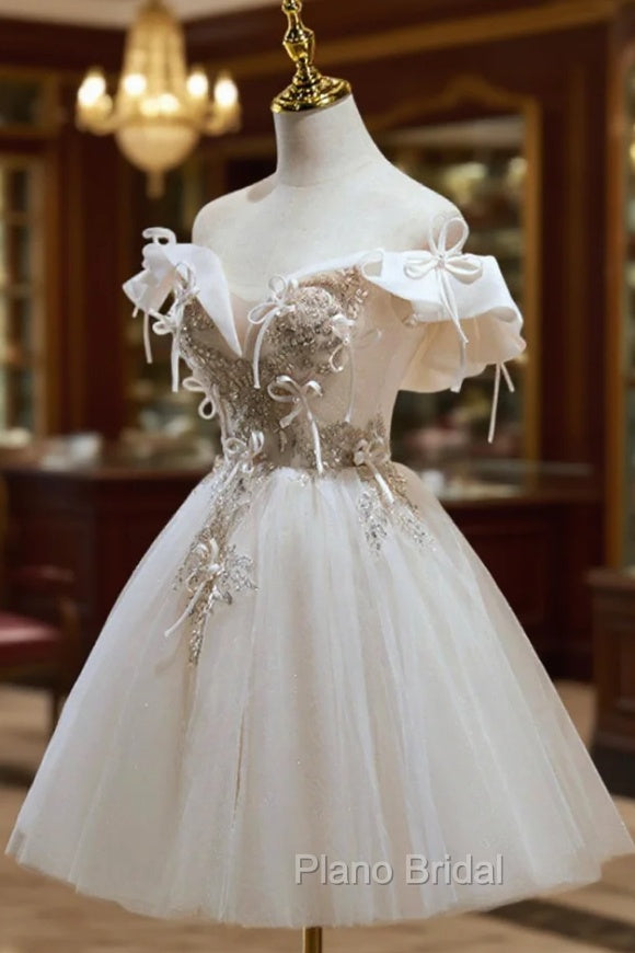 Cute Tulle Sequins Short Formal Prom Dresses, Light Champagne Off Shoulder Party Dresses