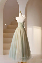Cute Tulle Tea Length Formal Prom Dresses, Green A-Line Strapless Evening Party Dresses
