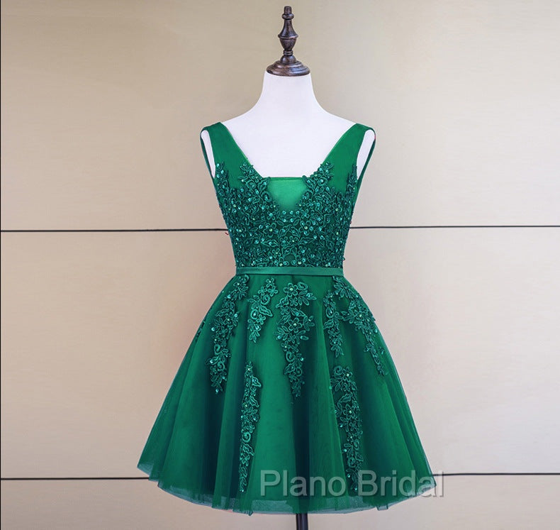 Cute Tulle V-neckline Beaded Short Formal Prom Dresses, Homecoming Dresses 2026