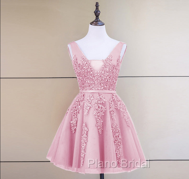 Cute Tulle V-neckline Beaded Short Formal Prom Dresses, Homecoming Dresses 2026