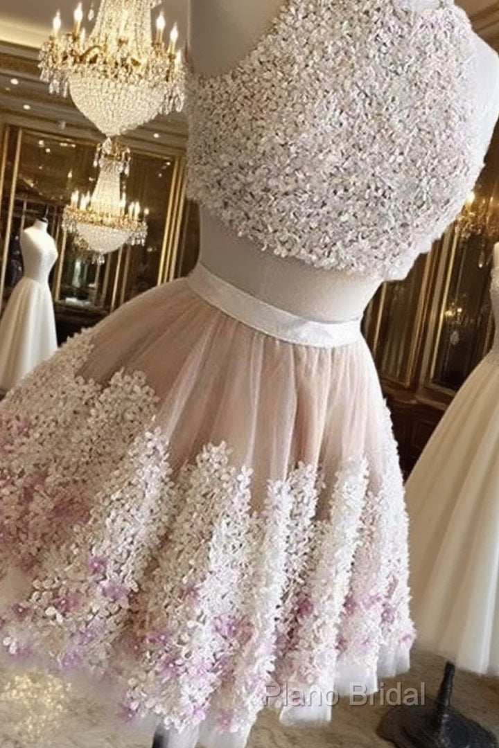 Cute Two Pieces Applique Short Formal Prom Dresses, Homecoming Dresses