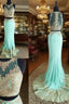 Cute Two Pieces Green Lace Mermaid Long Formal Prom Dresses, Evening Dresses