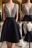 Cute V Neck And V Back Sequin Short Black Formal Prom Dresses, Cute Short Black Homecoming Dresses