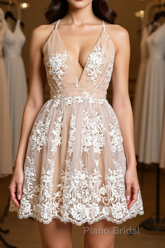 Cute V Neck Backless Pink Lace Appliques Short Formal Prom Dress, Pink Lace Formal Graduation Homecoming Dress Main image