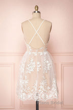 Cute V Neck Backless Pink Lace Appliques Short Formal Prom Dress, Pink Lace Formal Graduation Homecoming Dress