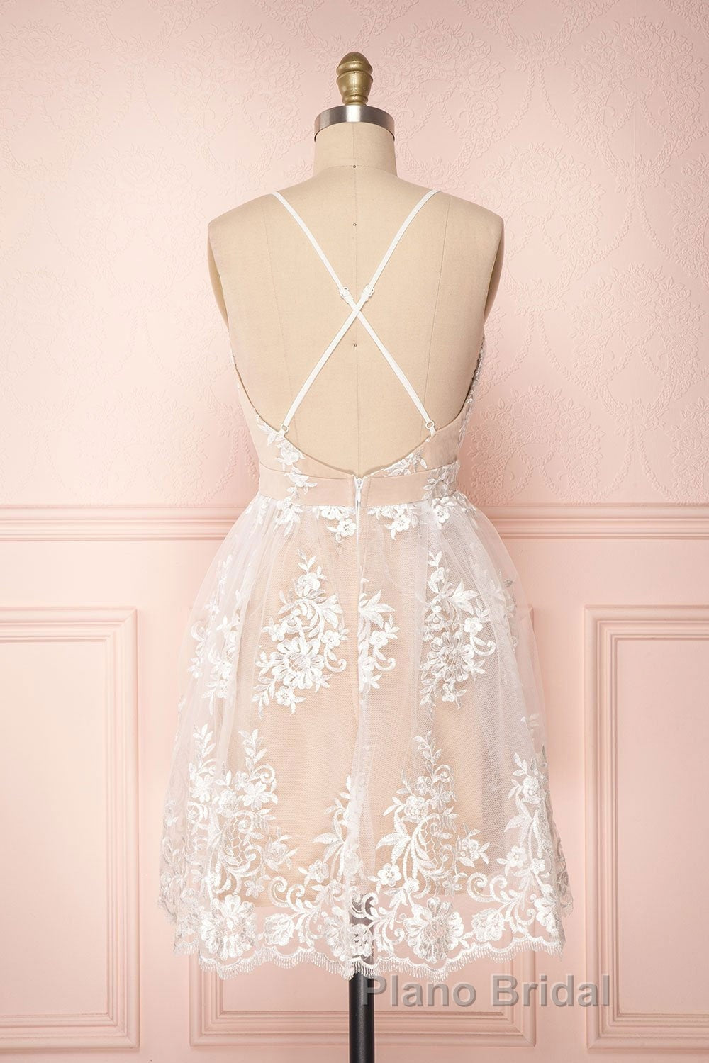 Cute V Neck Backless Pink Lace Appliques Short Formal Prom Dress, Pink Lace Formal Graduation Homecoming Dress