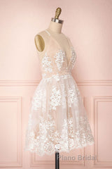 Cute V Neck Backless Pink Lace Appliques Short Formal Prom Dress, Pink Lace Formal Graduation Homecoming Dress