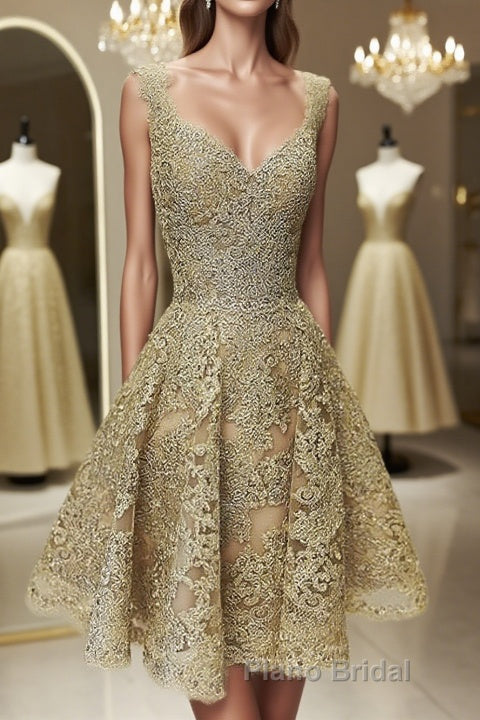 Cute V Neck Golden Lace Short Formal Prom Dresses, Golden Lace Homecoming Dresses, Golden Formal Evening Dresses Main image