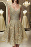 Cute V Neck Golden Lace Short Formal Prom Dresses, Golden Lace Homecoming Dresses, Golden Formal Evening Dresses
