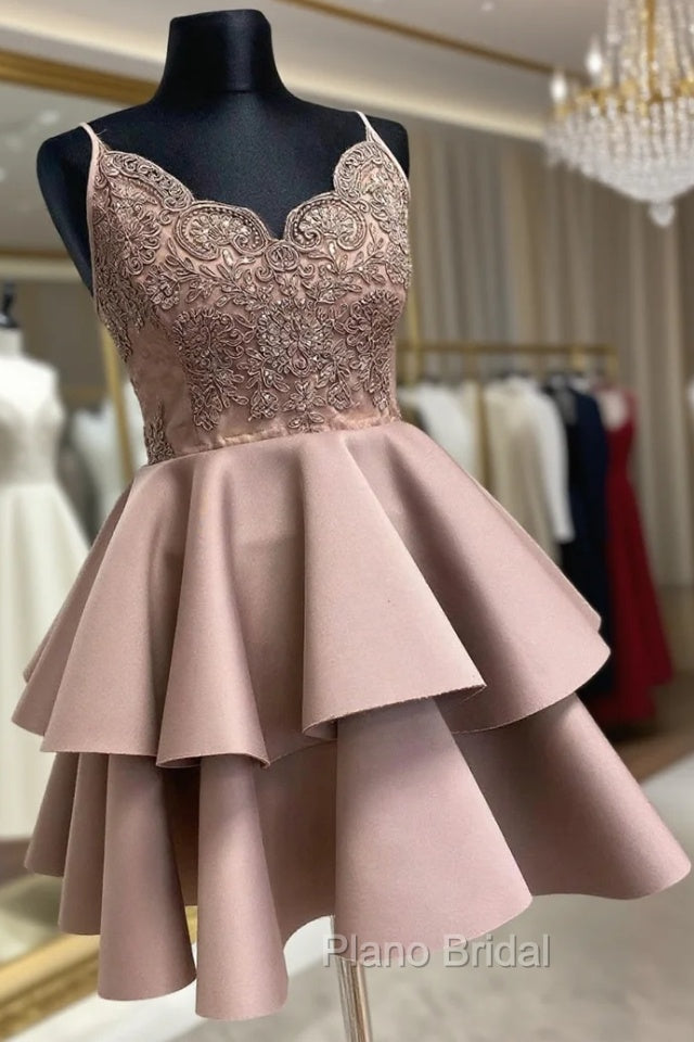 Cute V-Neck Lace Short Formal Prom Dresses, A-Line Spaghetti Straps Homecoming Dresses Main image