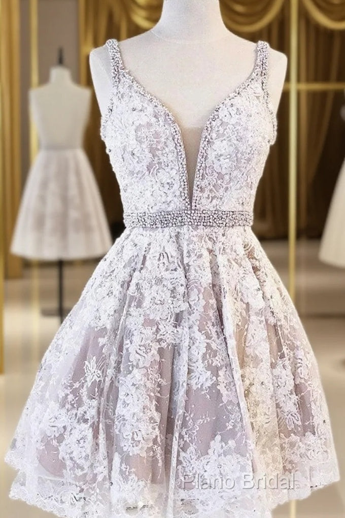 Cute V Neck Lace Short Formal Prom Dresses Lace Homecoming Dresses Main image