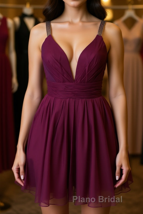 Cute V Neck Purple Chiffon Short Formal Prom Dresses Homecoming Dresses, V Neck Purple Formal Dresses, Purple Evening Dresses Cocktail Dresses