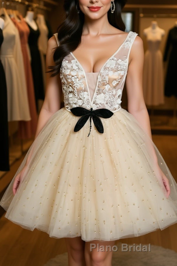 Cute V Neck Short Champagne Lace Formal Prom Dress with Beading, Short Champagne Lace Formal Graduation Homecoming Dress Main image