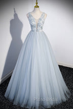 Cute V-Neck Tulle Long Formal Prom Dresses, Gray Evening Dresses Party Dresses