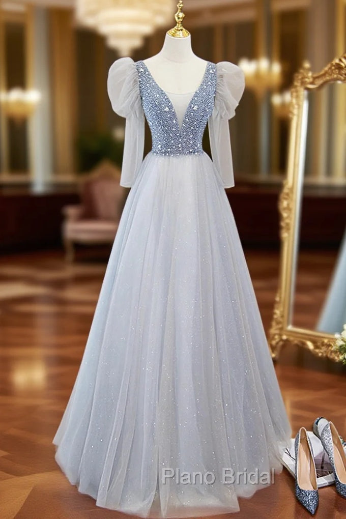 Cute V-Neck Tulle Long Formal Prom Dresses with Beaded, A-Line Long Sleeve Evening Dresses Main image