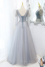 Cute V-Neck Tulle Long Formal Prom Dresses with Beaded, A-Line Long Sleeve Evening Dresses