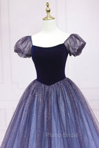 Cute Velvet Tulle Long Formal Prom Dresses, A-Line Short Sleeve Graduation Dresses