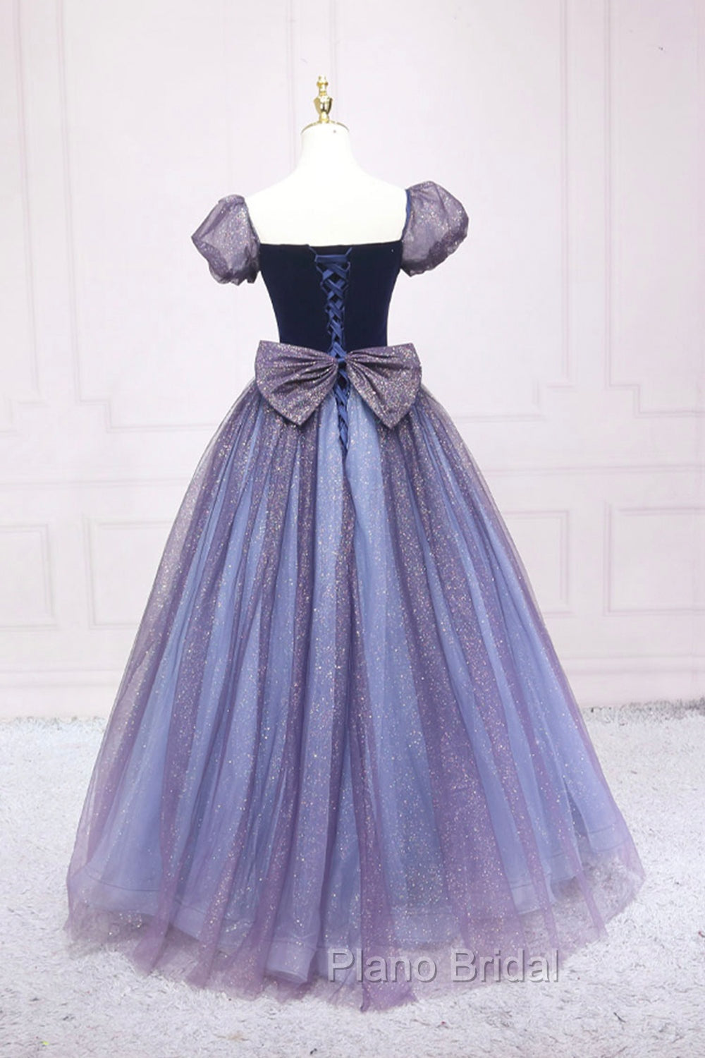 Cute Velvet Tulle Long Formal Prom Dresses, A-Line Short Sleeve Graduation Dresses
