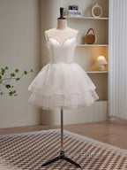Cute White Short Tulle Beaded Graduation Dresses, White Short Formal Prom Dresses Formal Dresses