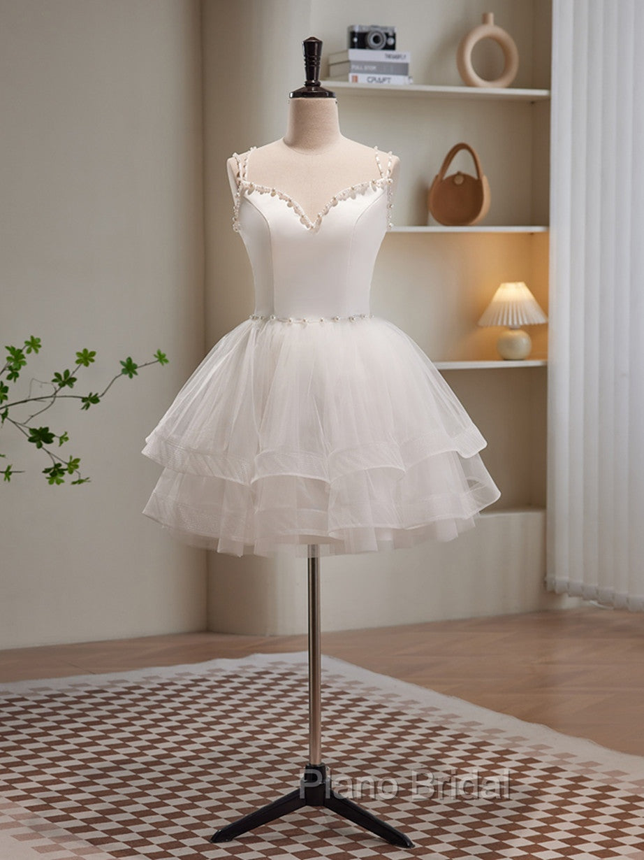 Cute White Short Tulle Beaded Graduation Dresses, White Short Formal Prom Dresses Formal Dresses