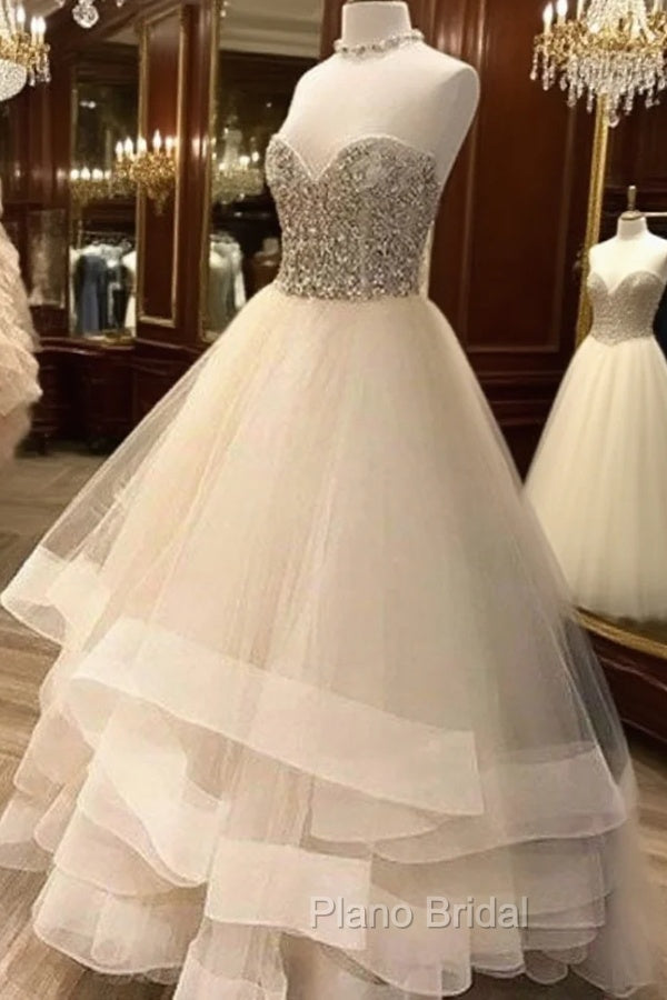 Cute White Tulle Long Formal Prom Dresses, White Formal Dresses
