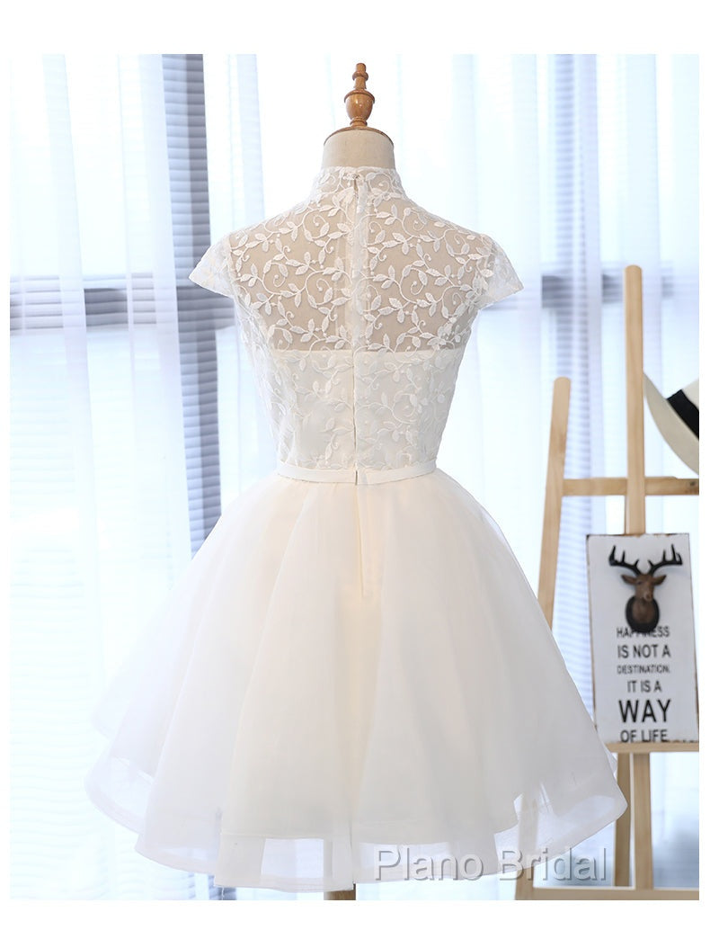 Cute White Tulle Short Lace Cap Sleeves Party Dresses, White Homecoming Dresses