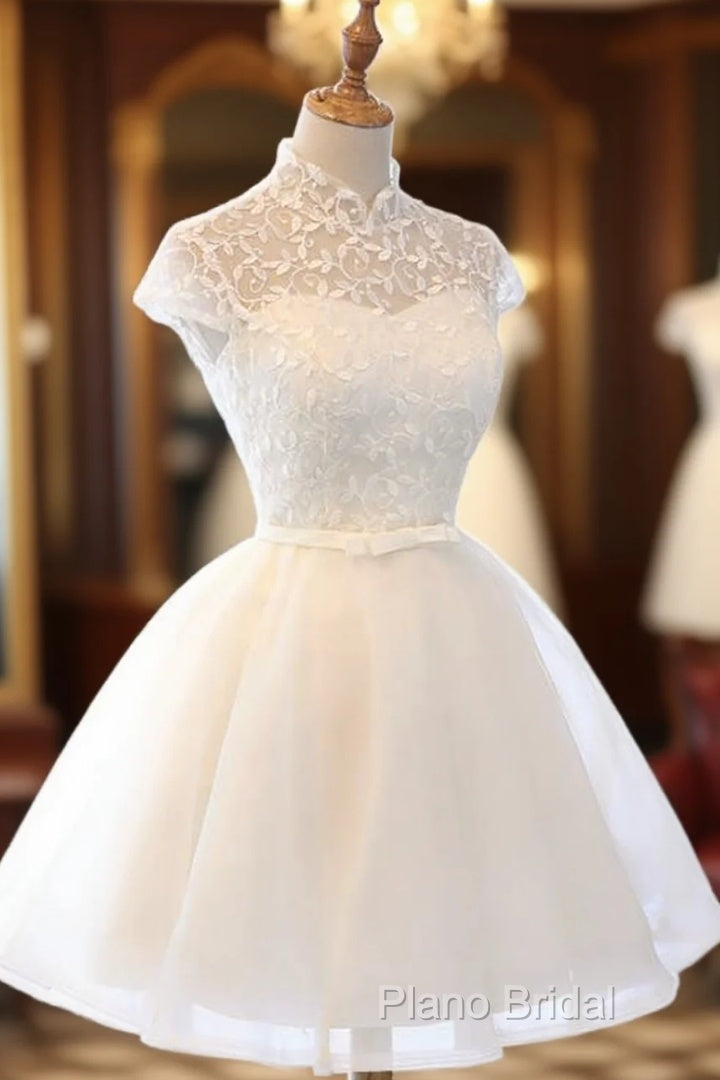 Cute White Tulle Short Lace Cap Sleeves Party Dresses, White Homecoming Dresses Main image