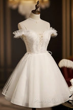 Cute White Tulle Short Party Dresses with Lace, Off Shoulder Homecoming Dresses