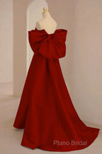 Cute Wine Red Satin Off Shoulder Long Party Dresses With Bow, Wine Red Formal Prom Dresses